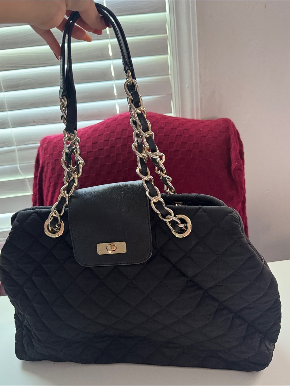 Talbots Black Quilted Shoulder Bag with Gold Chain Handles